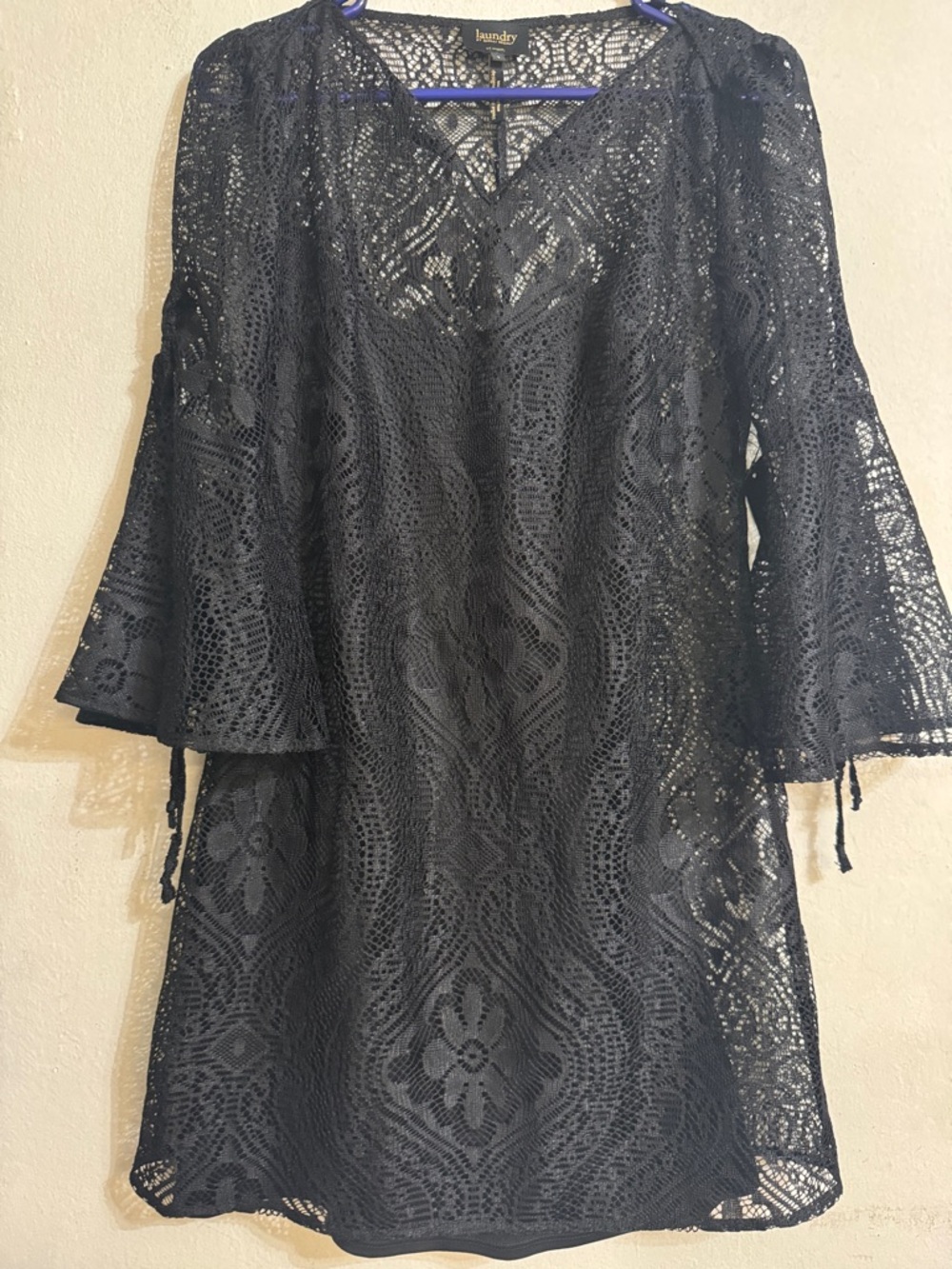 Laundry By Shelli Segal Black Crochet Lace Bell-Sleeve Tunic Dress Size 2 NWT